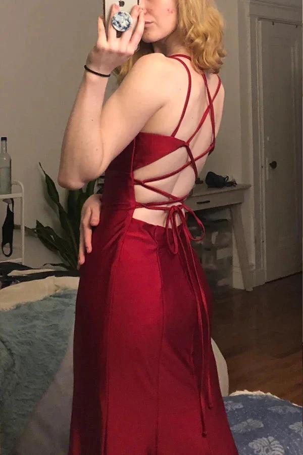 Mermaid V Neck Cross Back Burgundy Satin Long Prom Dress PSK535 - Image 2