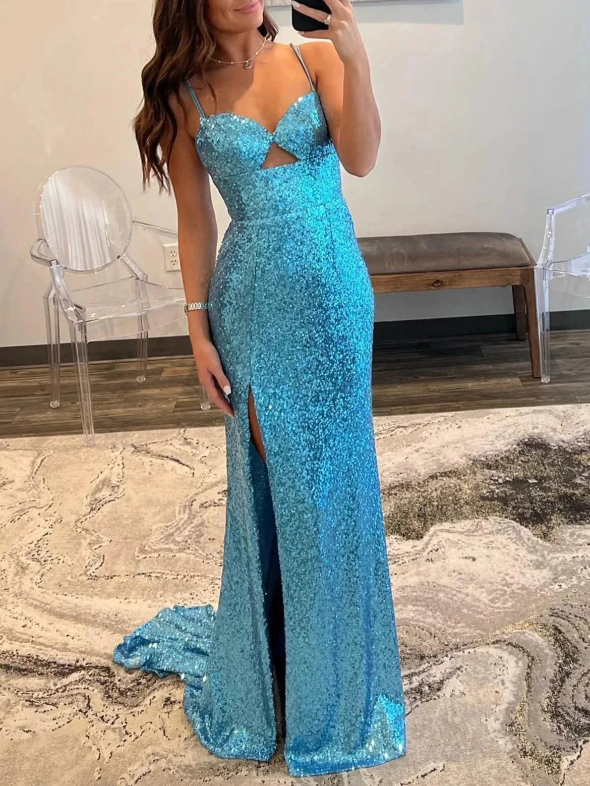 Mermaid V Neck Cutout Blue Long Prom Dress - Image 3