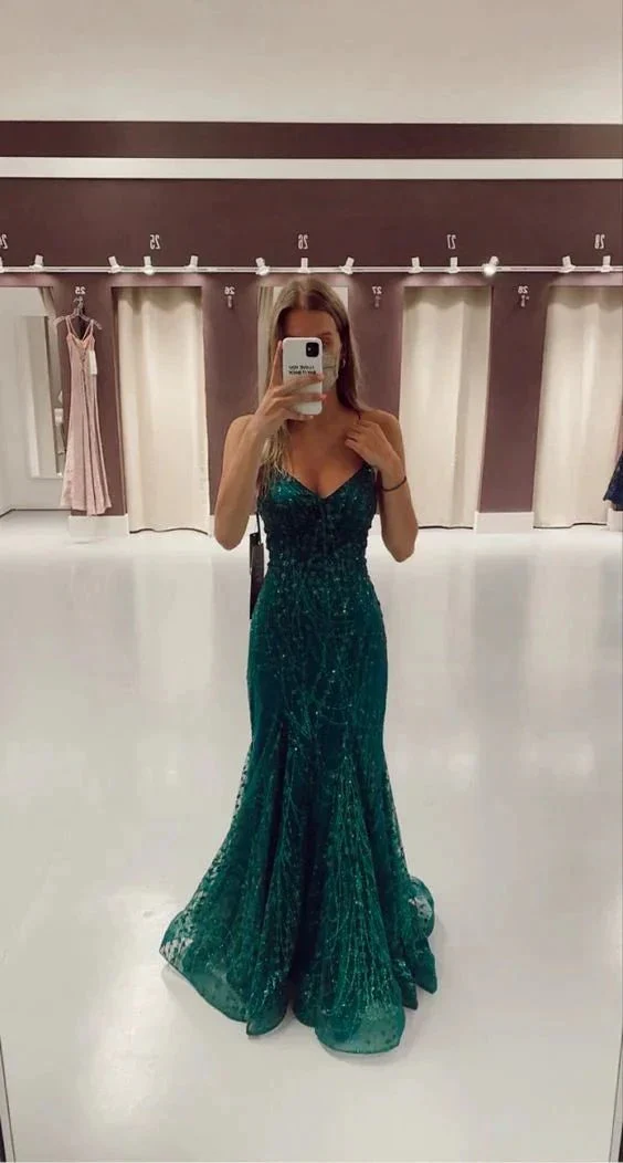 Mermaid V Neck Dark Green Prom Dress Stunning Evening Dress Y325 - Image 2