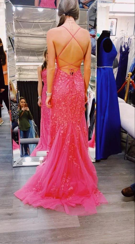 Mermaid Hot Pink Lace Long Prom Dresses, Hot Pink Mermaid Formal Dresses, Hot Pink Lace Evening Dress Y1888 - Image 2