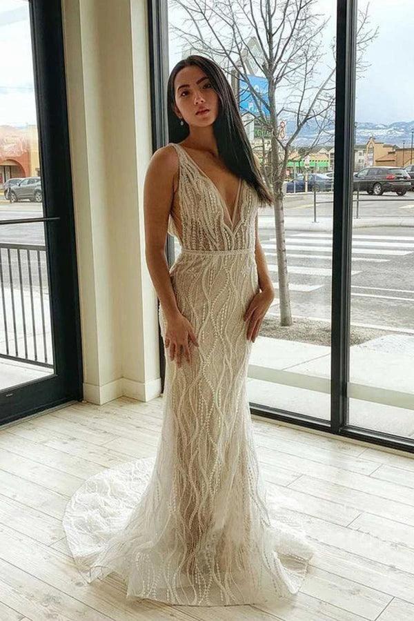 Mermaid V Neck  Lace Wedding Dresses Backless Bridal Gown  WD598 - Image 2