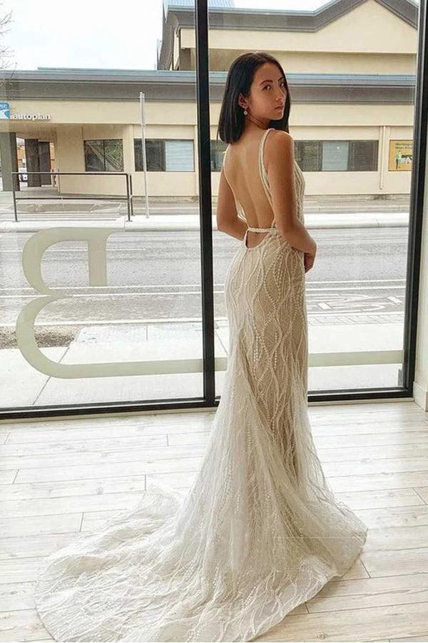 Mermaid V Neck  Lace Wedding Dresses Backless Bridal Gown  WD598 - Image 3
