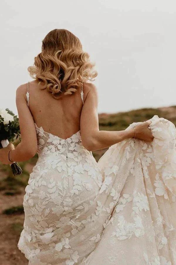 Mermaid V-neck Open Back Lace Appliques Bohemian Wedding Dresses WD639 - Image 2