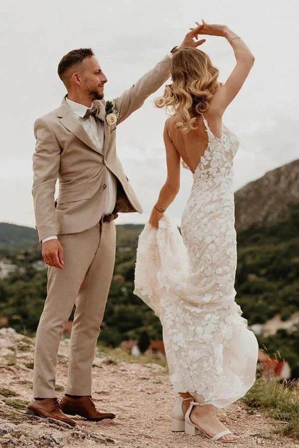 Mermaid V-neck Open Back Lace Appliques Bohemian Wedding Dresses WD639 - Image 3
