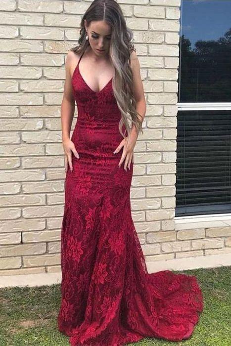 Mermaid V-neck Open Back Lace Long Burgundy Prom Dress - Image 2