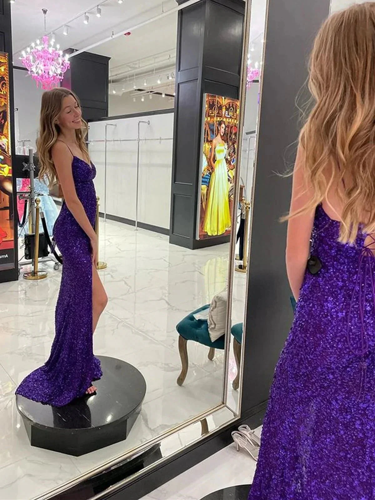 Mermaid V Neck Open Back Long Prom Dresses with Slit Sequins Formal Graduation Evening Gowns - Image 2