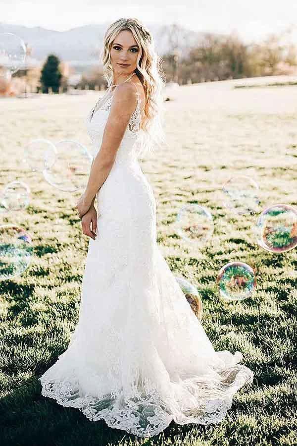 Mermaid V-Neck Sweep Train Sleeveless Lace Wedding Dress  WD322 - Image 2