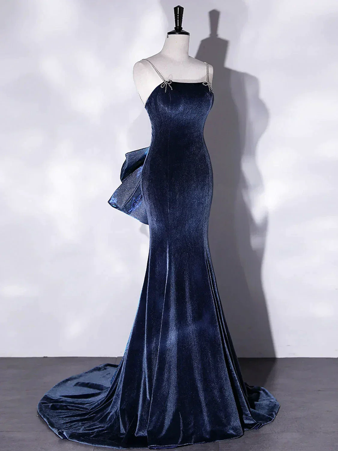 Mermaid Velvet Blue Long Prom Dresses Blue Velvet Long Evening Dress Y4387 - Image 3