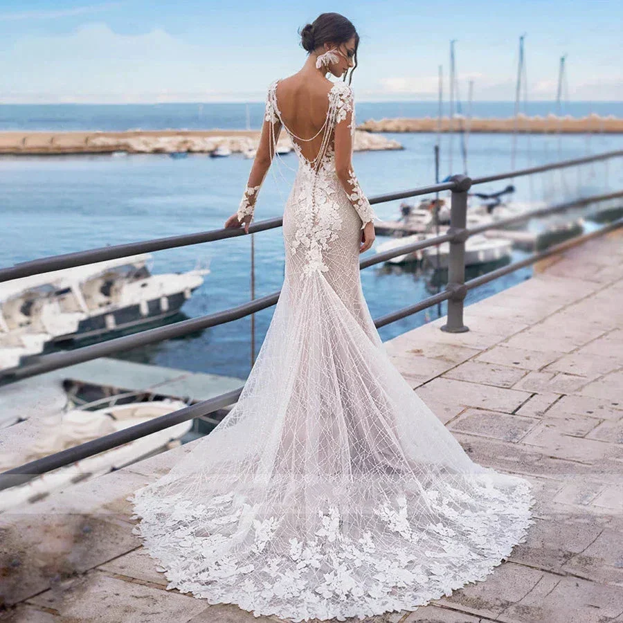 Mermaid Wedding Dress Sexy Women's Backless Long Sleeve Bridal Gowns Embroidery Applique Lace Beach Wedding Party Vesido Noiva - Image 2