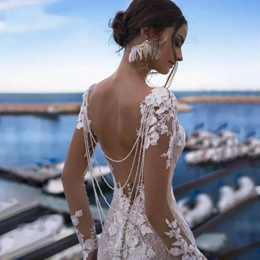 Mermaid Wedding Dress Sexy Women's Backless Long Sleeve Bridal Gowns Embroidery Applique Lace Beach Wedding Party Vesido Noiva - Image 3