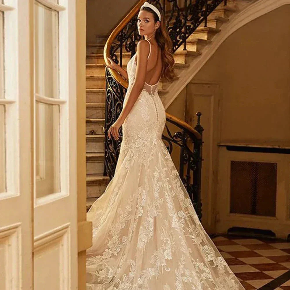 Mermaid Wedding Dresses 2023 Women's Sexy V-neck Lace Applique Spaghetti Shoulder Strap Vestido De Novia Bridal Gowns Backless - Image 2