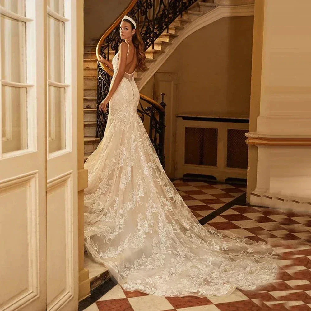 Mermaid Wedding Dresses 2023 Women's Sexy V-neck Lace Applique Spaghetti Shoulder Strap Vestido De Novia Bridal Gowns Backless - Image 3
