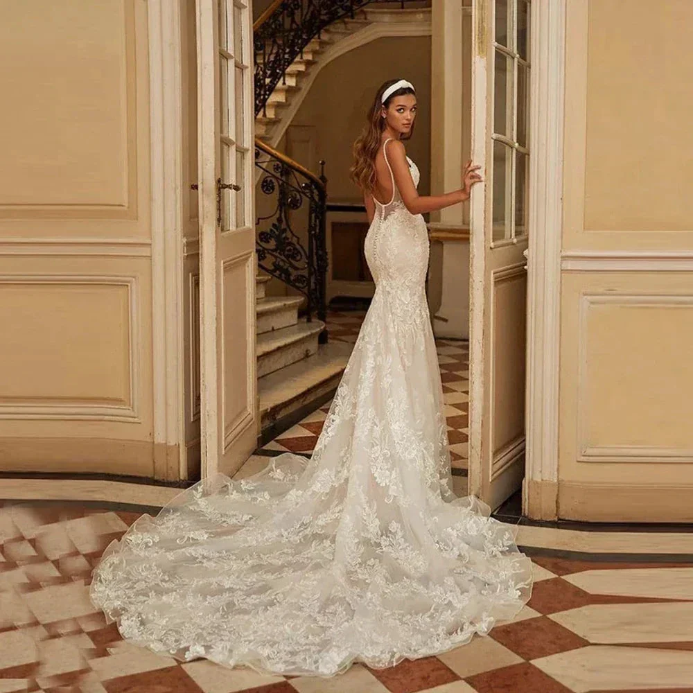 Mermaid Wedding Dresses 2023 Women's Sexy V-neck Lace Applique Spaghetti Shoulder Strap Vestido De Novia Bridal Gowns Backless - Image 4