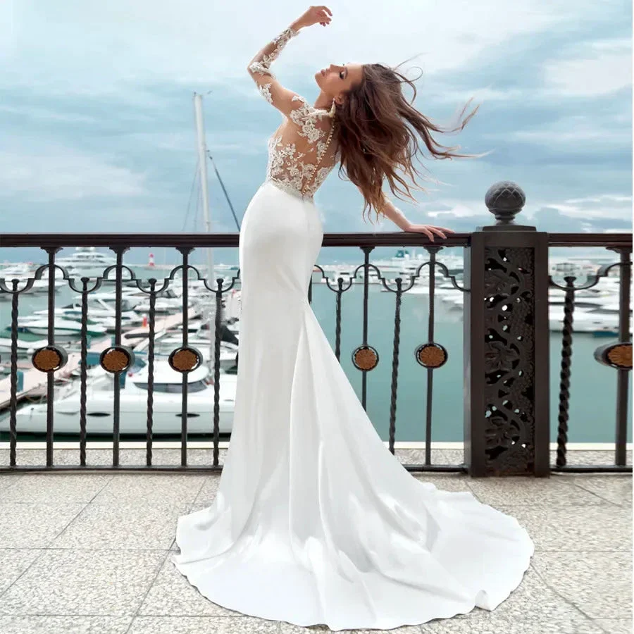 Mermaid Wedding Dresses Long Sleeves Sheer Scoop Neckline Applique Satin Buttons Back Beach Bridal Gowns Sweep Train 2023 - Image 2