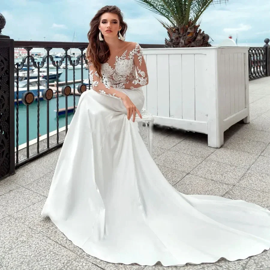 Mermaid Wedding Dresses Long Sleeves Sheer Scoop Neckline Applique Satin Buttons Back Beach Bridal Gowns Sweep Train 2023 - Image 3