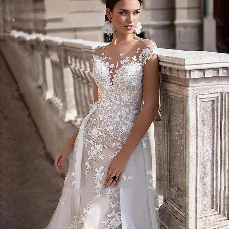 Mermaid Wedding Dresses Women Cap Sleeves Backless Lace Appliques Bridal Gown Detachable Train Vestidos De Novia - Image 3