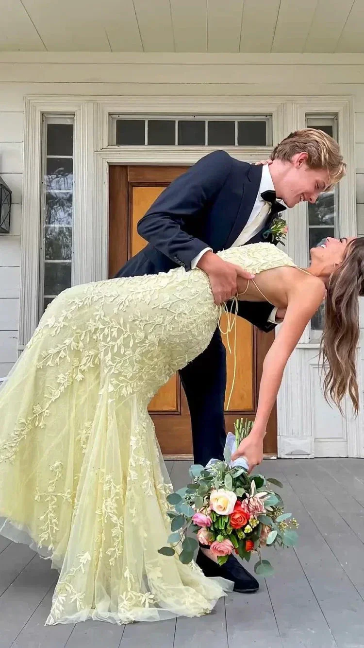 Mermaid Yellow Lace Tulle Prom Dress,Yellow Evening Dress Y2248 - Image 2