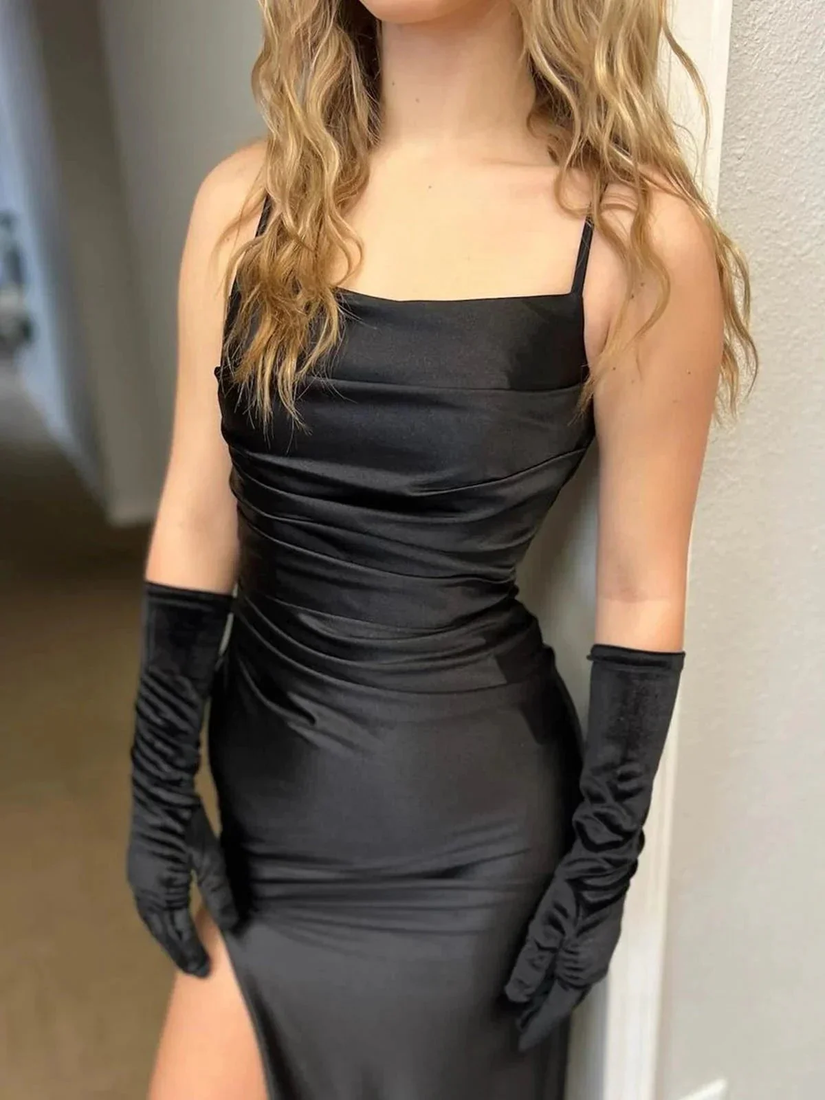Merrilynne | Black Spaghetti Straps High Slit Mermaid Satin Pleated Prom Dress - Image 3