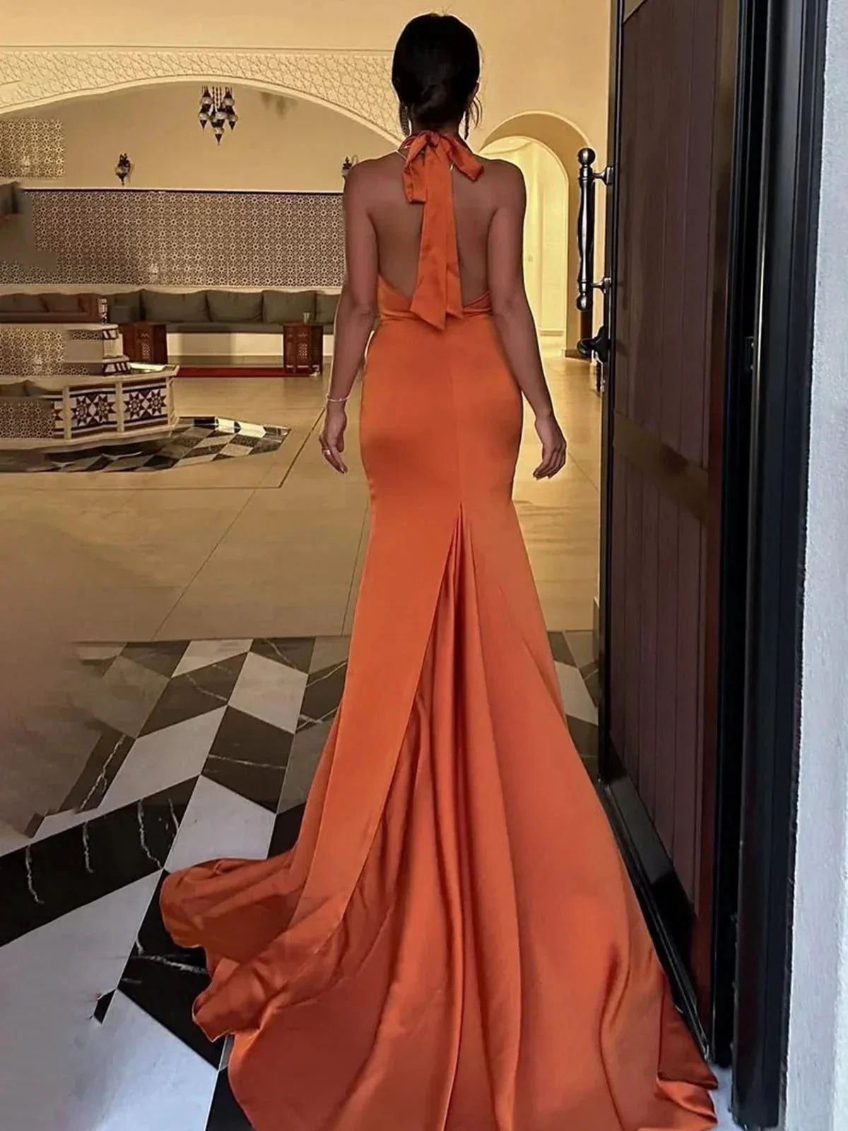 Merritt | Halter Sleeveless Satin Pleated Mermaid Prom Dress with Train - Image 2