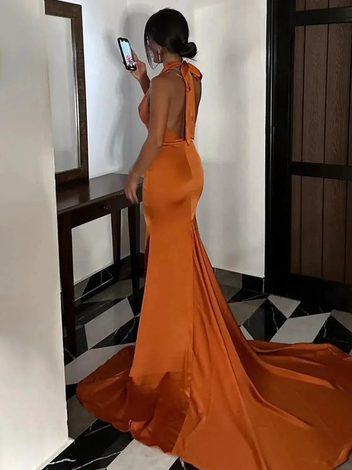 Merritt | Halter Sleeveless Satin Pleated Mermaid Prom Dress with Train - Image 3