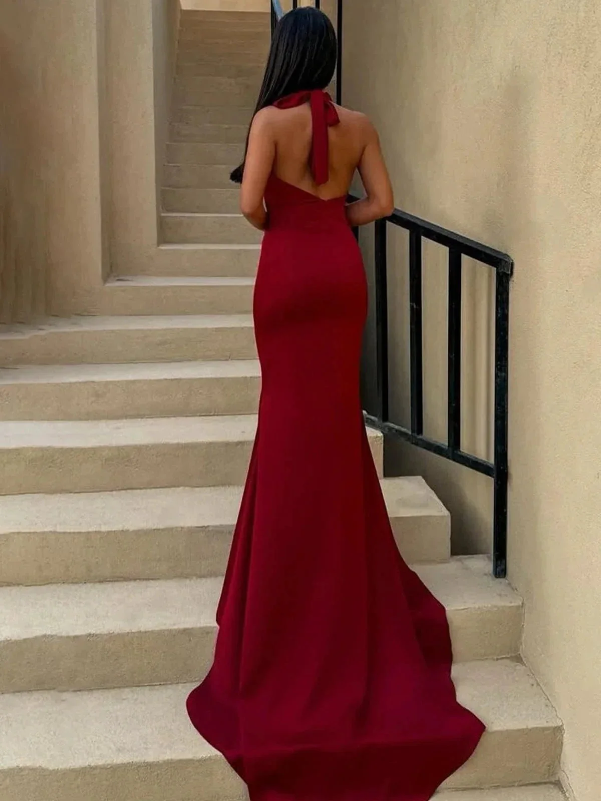 Merritt | Halter Sleeveless Satin Pleated Mermaid Prom Dress with Train - Image 6