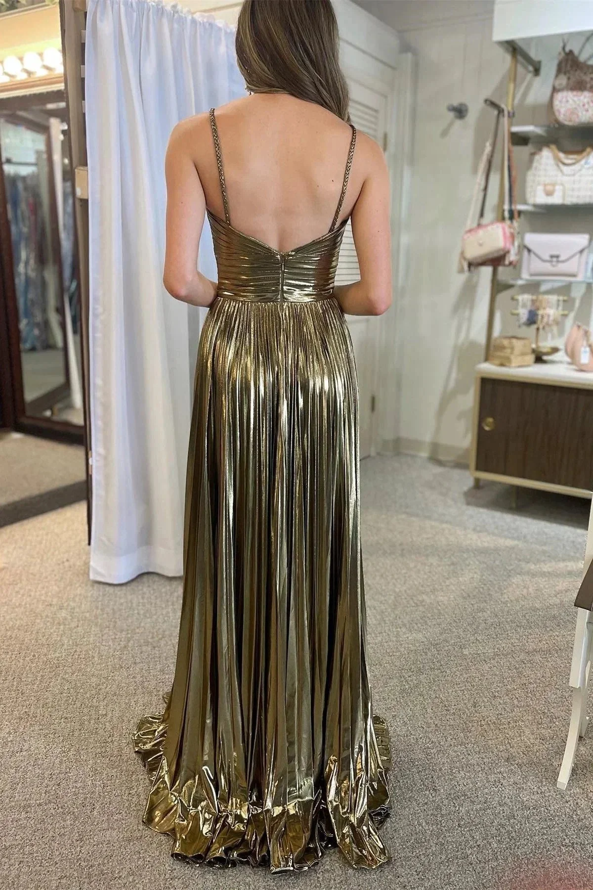 Madalyn| Metallic Keyhole Spaghetti Strap Long Prom Dress with Slit - Image 3