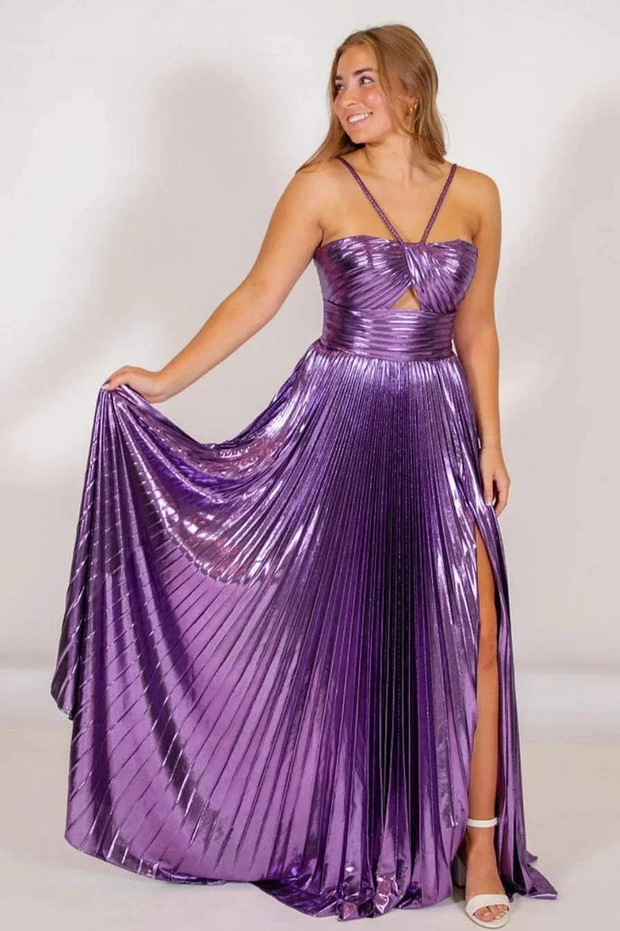 Madalyn| Metallic Keyhole Spaghetti Strap Long Prom Dress with Slit - Image 4