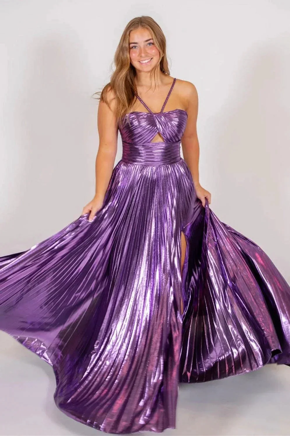 Madalyn| Metallic Keyhole Spaghetti Strap Long Prom Dress with Slit - Image 5