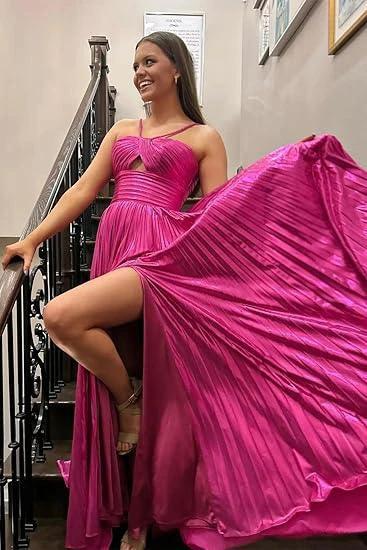 Madalyn| Metallic Keyhole Spaghetti Strap Long Prom Dress with Slit - Image 6