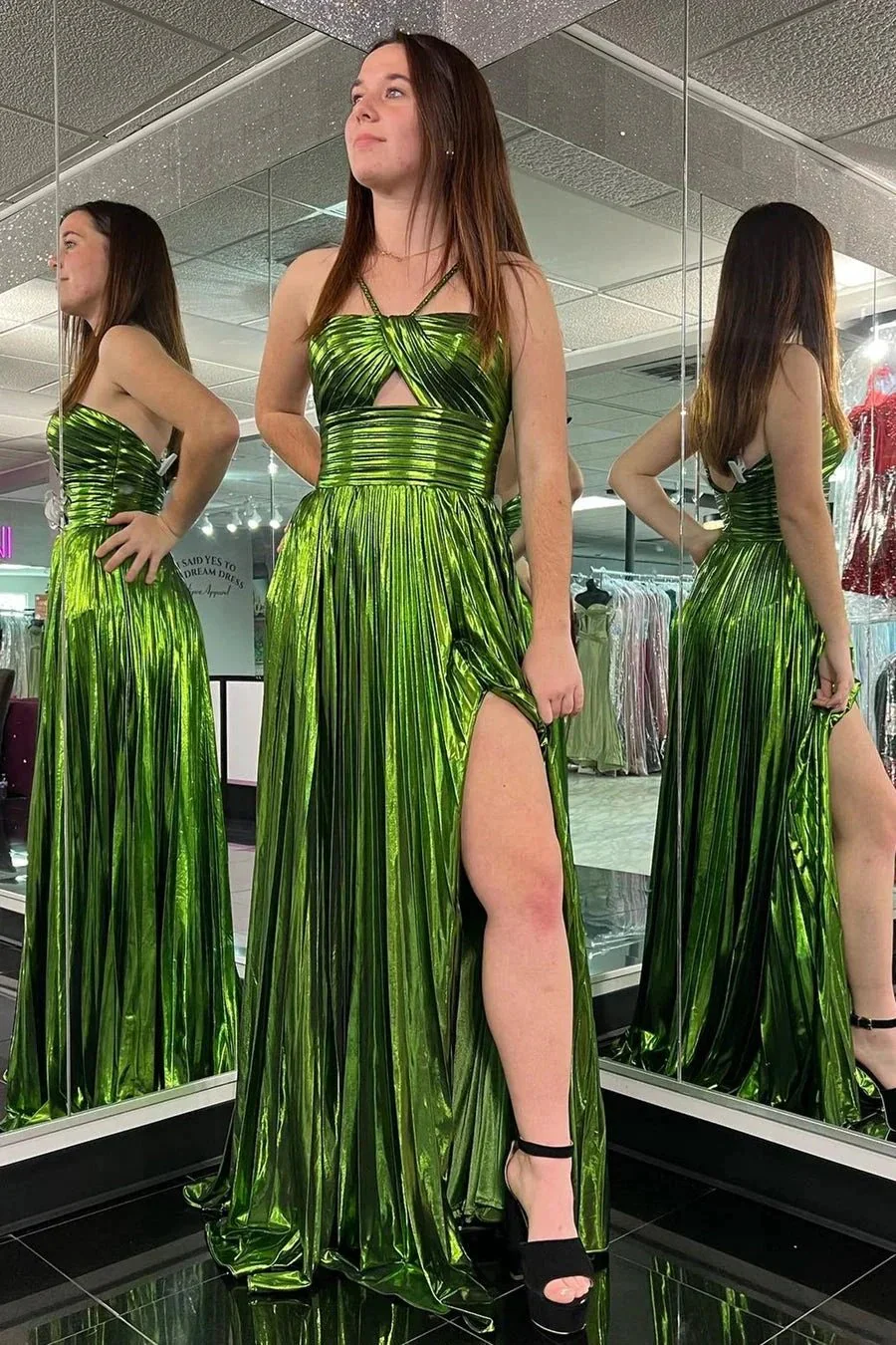 Madalyn| Metallic Keyhole Spaghetti Strap Long Prom Dress with Slit - Image 7