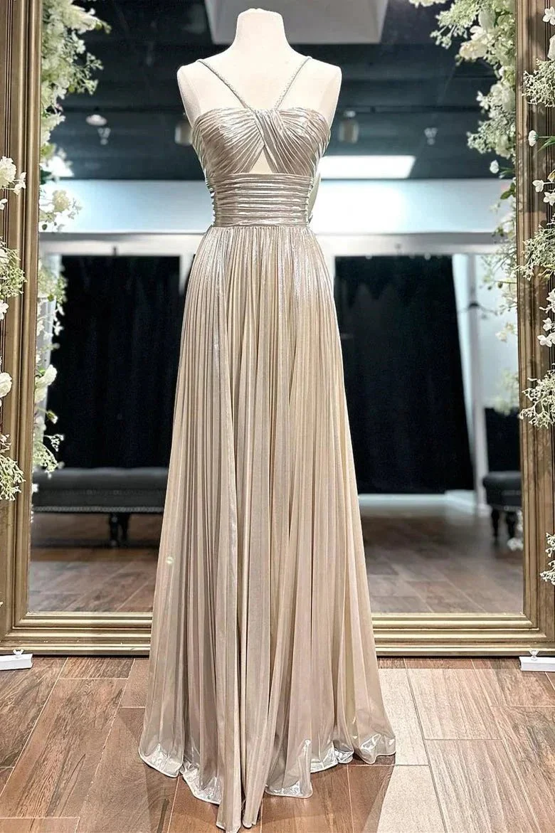 Madalyn| Metallic Keyhole Spaghetti Strap Long Prom Dress with Slit - Image 8