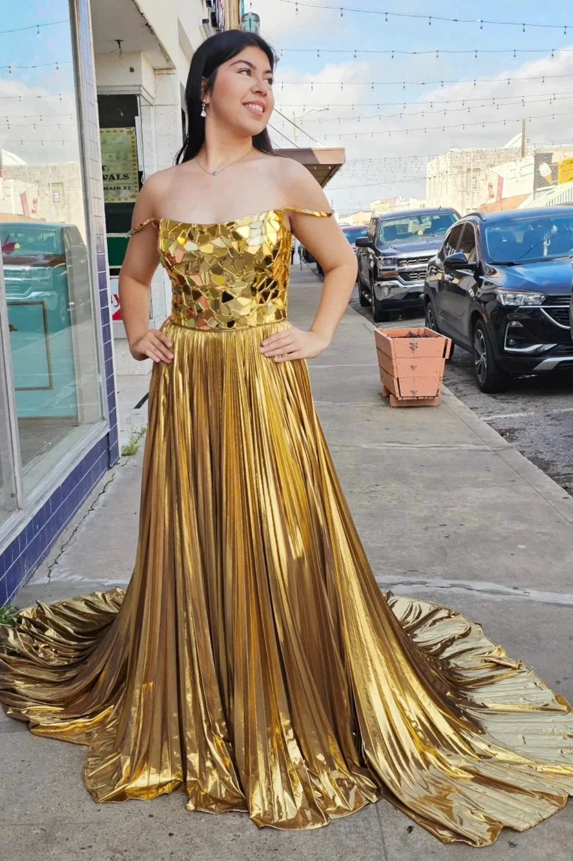 Yesenia | Metallic Off-the-Shoulder Pleated Prom Dress with Broken Mirrors - Image 2