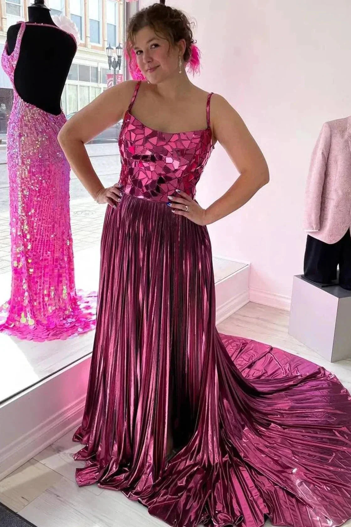Yesenia | Metallic Off-the-Shoulder Pleated Prom Dress with Broken Mirrors - Image 3