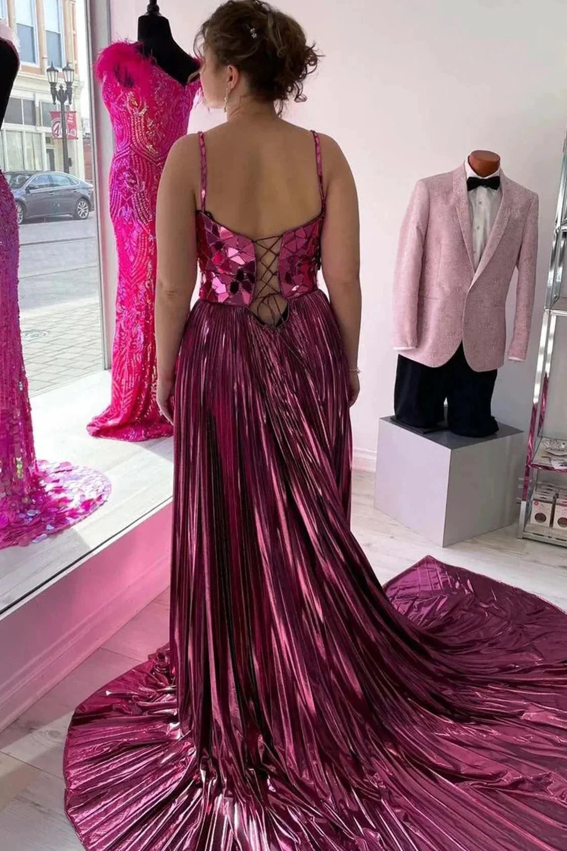 Yesenia | Metallic Off-the-Shoulder Pleated Prom Dress with Broken Mirrors - Image 4