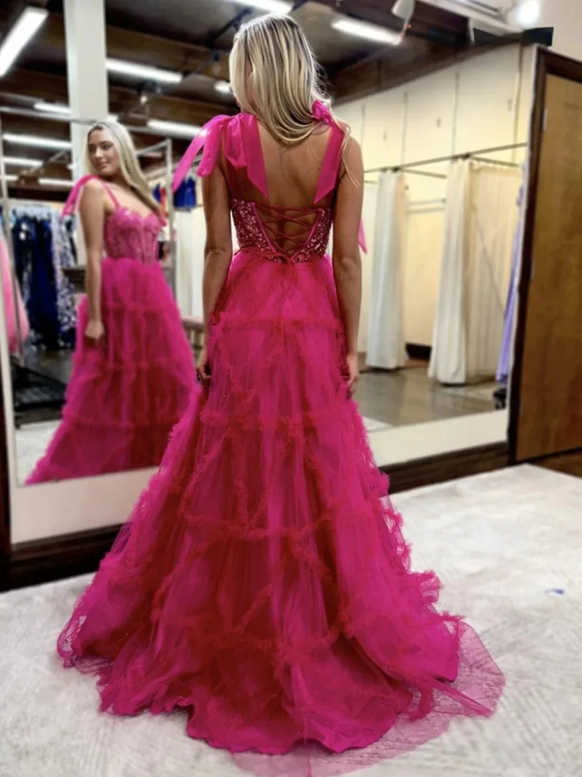 Michaella | Fuchsia A Line Sweetheart Tiered Tulle Long Prom Dresses - Image 2