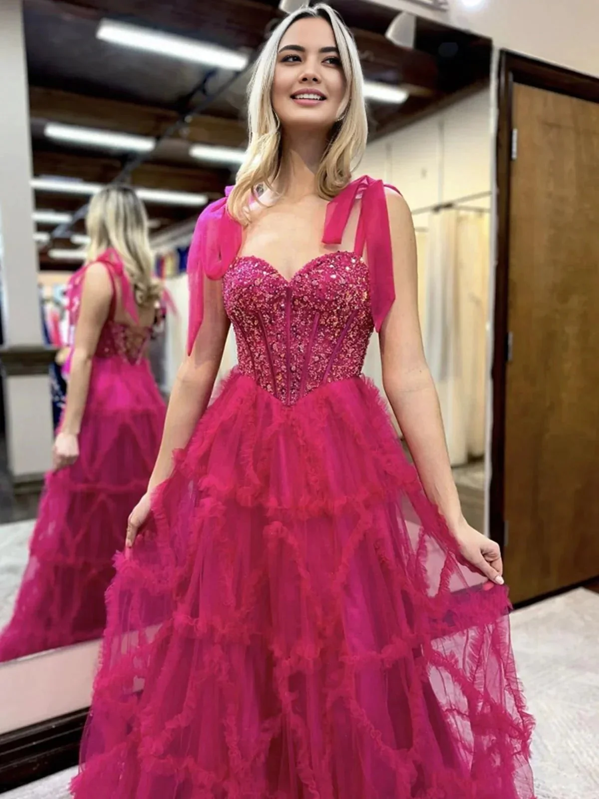 Michaella | Fuchsia A Line Sweetheart Tiered Tulle Long Prom Dresses - Image 3