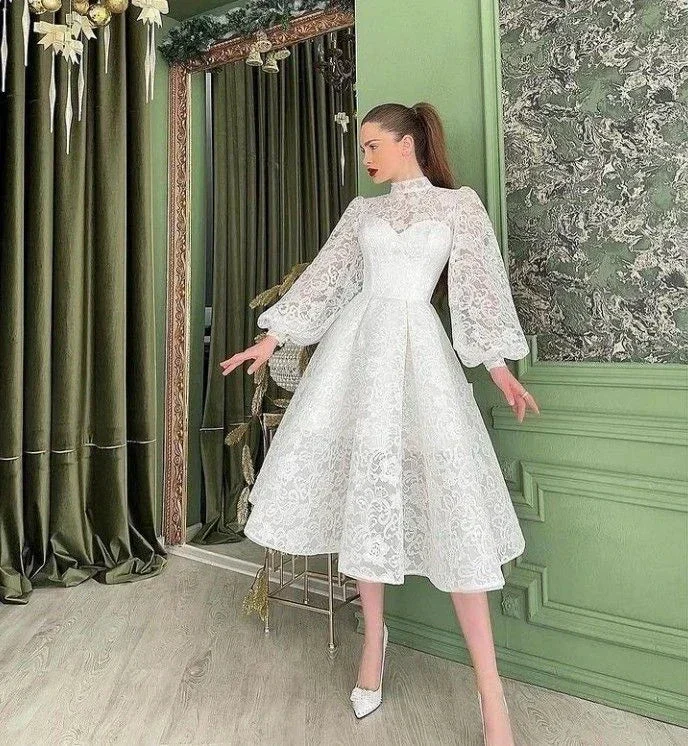 Mid Calf Wedding Dress, Women's Summer Dress White High Collar With Puff Sleeves Y4789 - Image 2