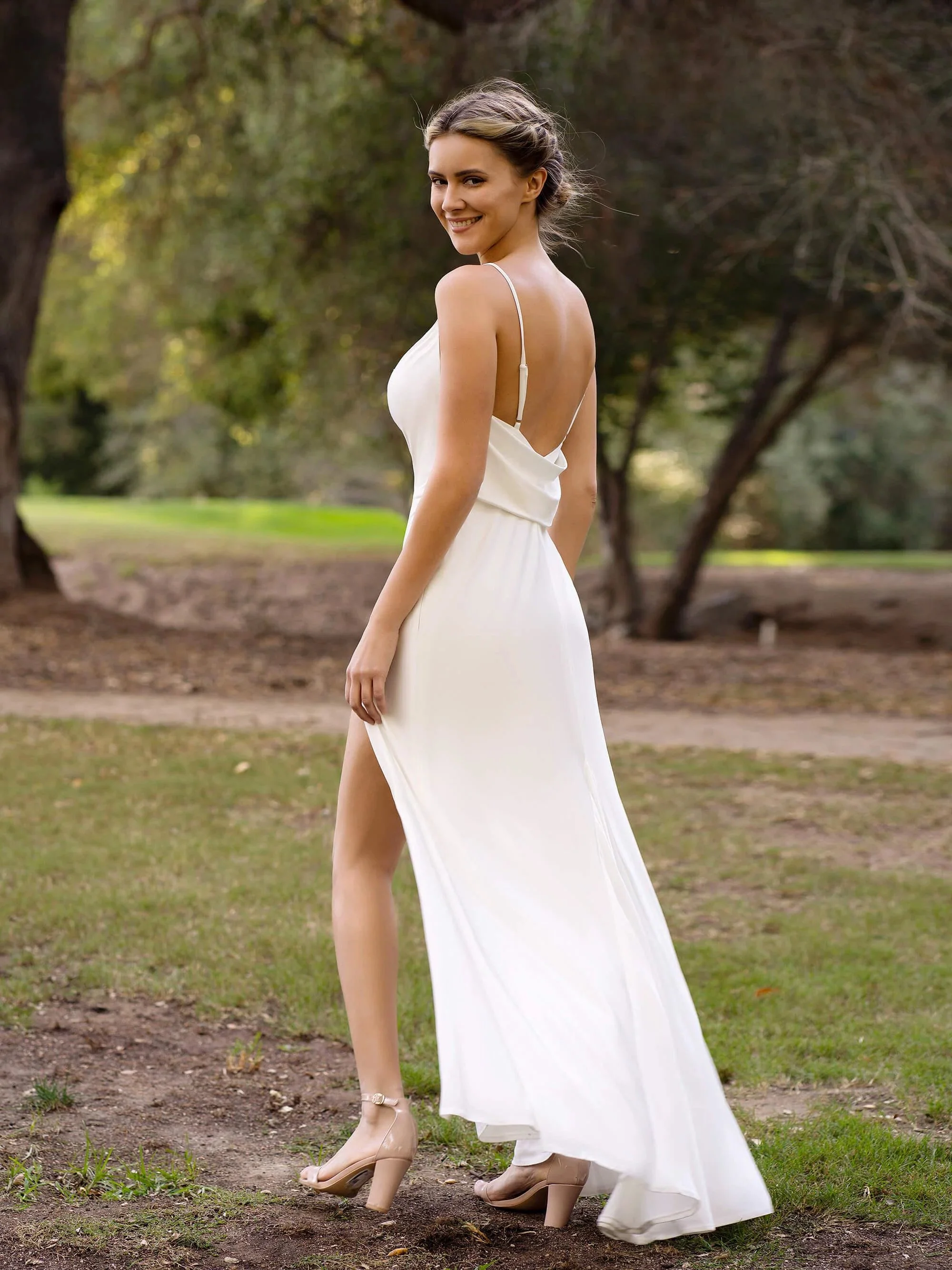Ivory Spaghetti Straps Slip Bridesmaid Dress with Open Back and Slit - Image 2
