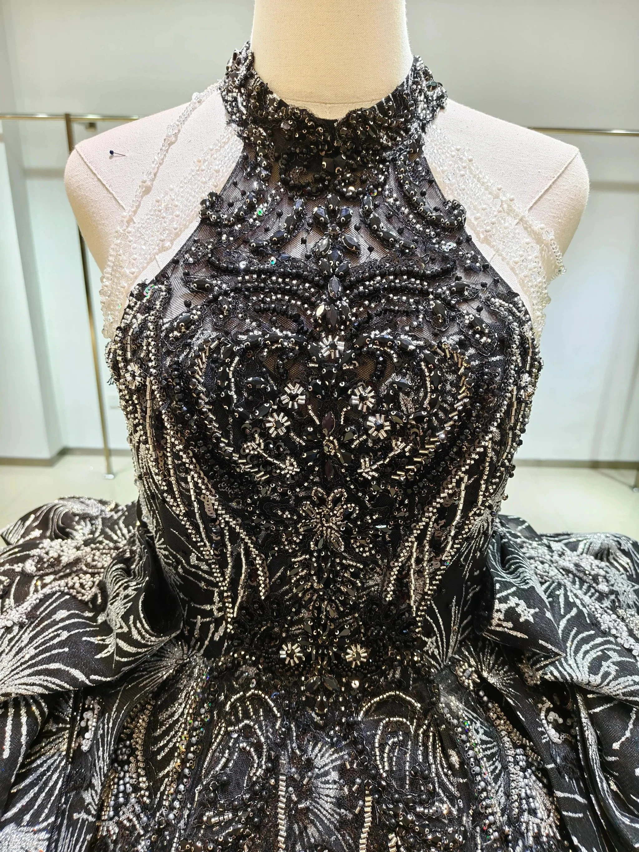 Dramatic Black Halter-Neck Ball Gown Wedding Dress with Firework Sequin Embroidery & Beaded Tassels Ye-2035 - Image 2