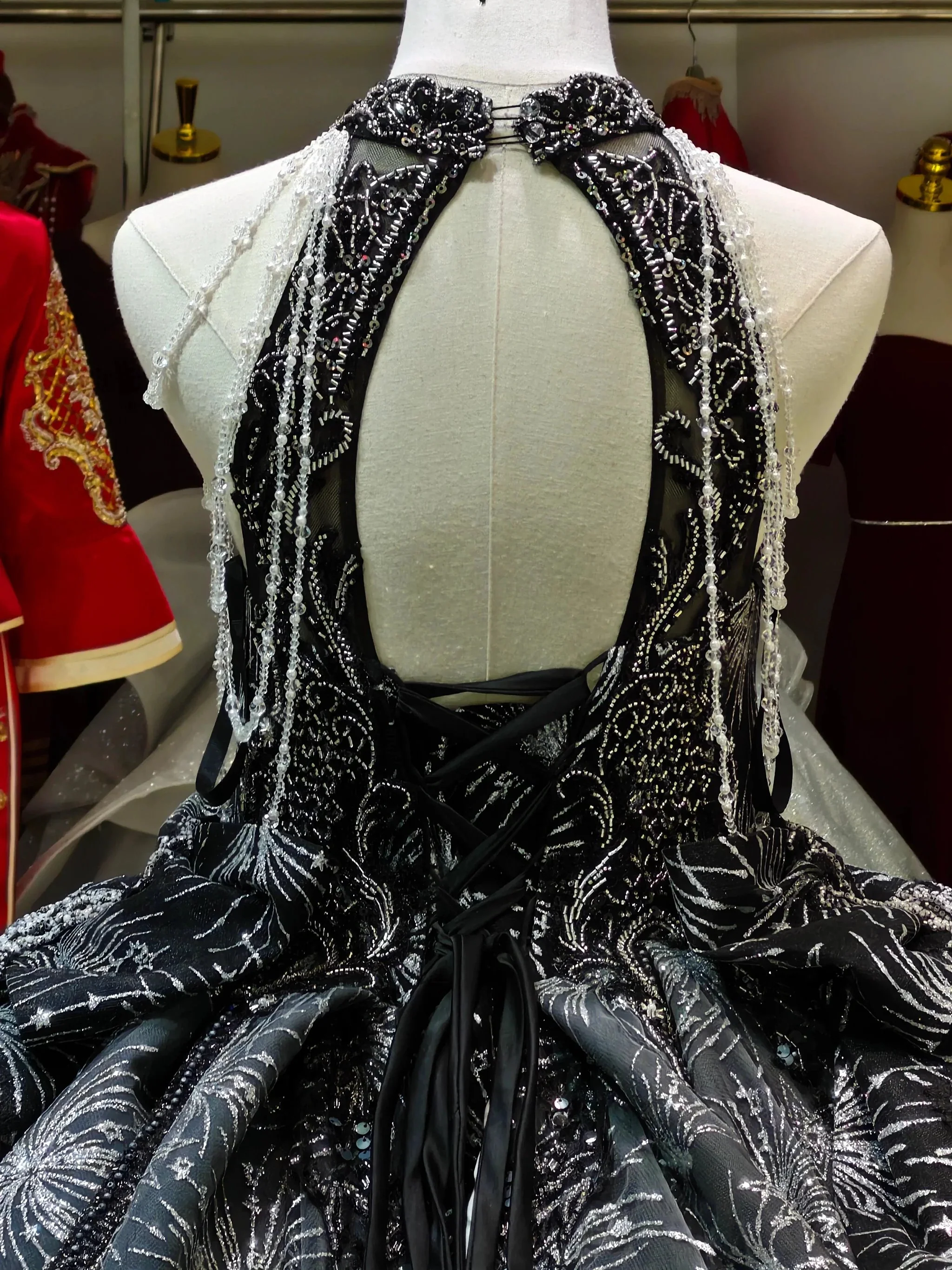 Dramatic Black Halter-Neck Ball Gown Wedding Dress with Firework Sequin Embroidery & Beaded Tassels Ye-2035 - Image 4
