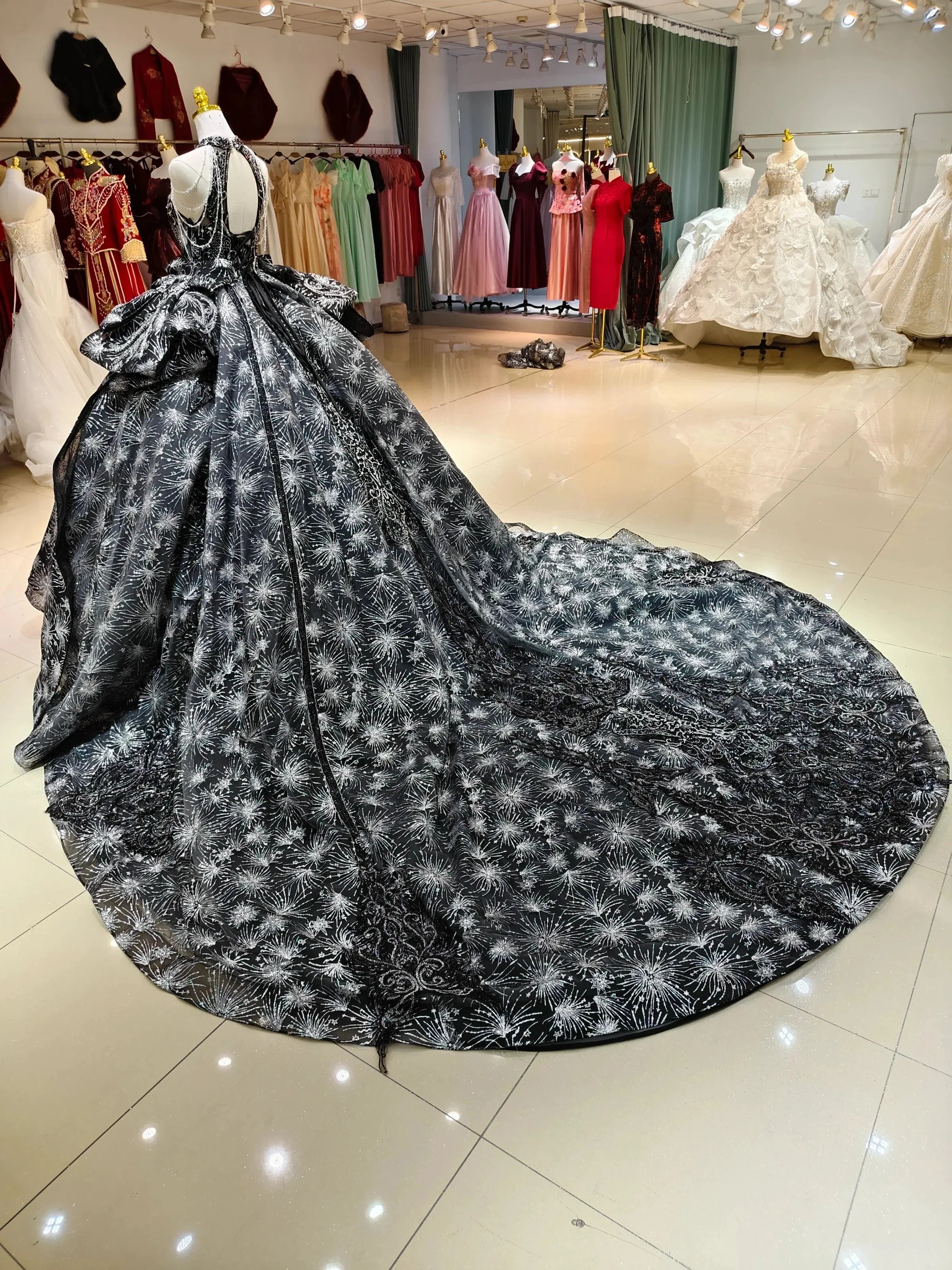 Dramatic Black Halter-Neck Ball Gown Wedding Dress with Firework Sequin Embroidery & Beaded Tassels Ye-2035 - Image 5