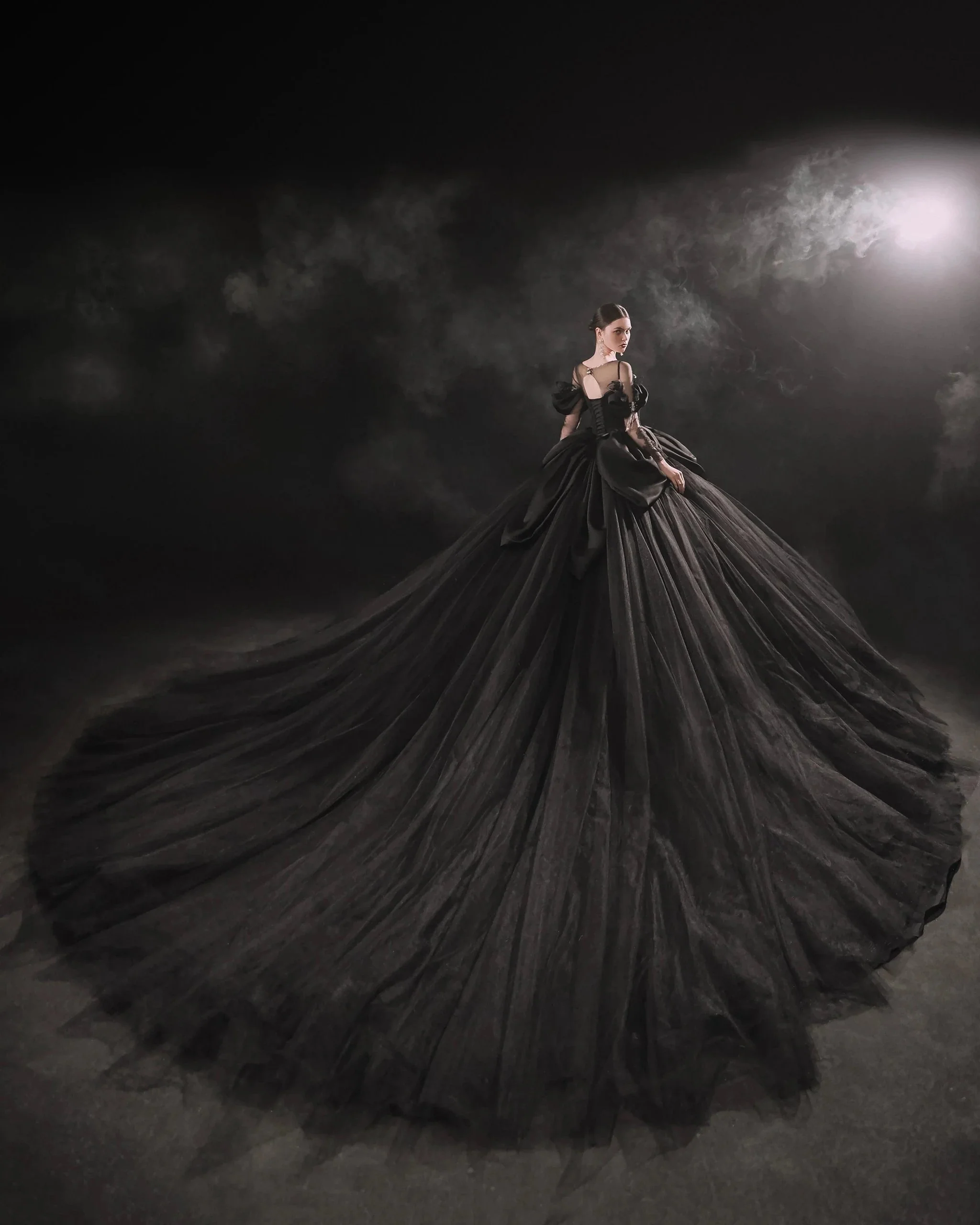 Dramatic Black Ball Gown Illusion Neckline Satin Puff Sleeve Beaded Lace Wedding Dress with Oversized Train E-305 - Image 10
