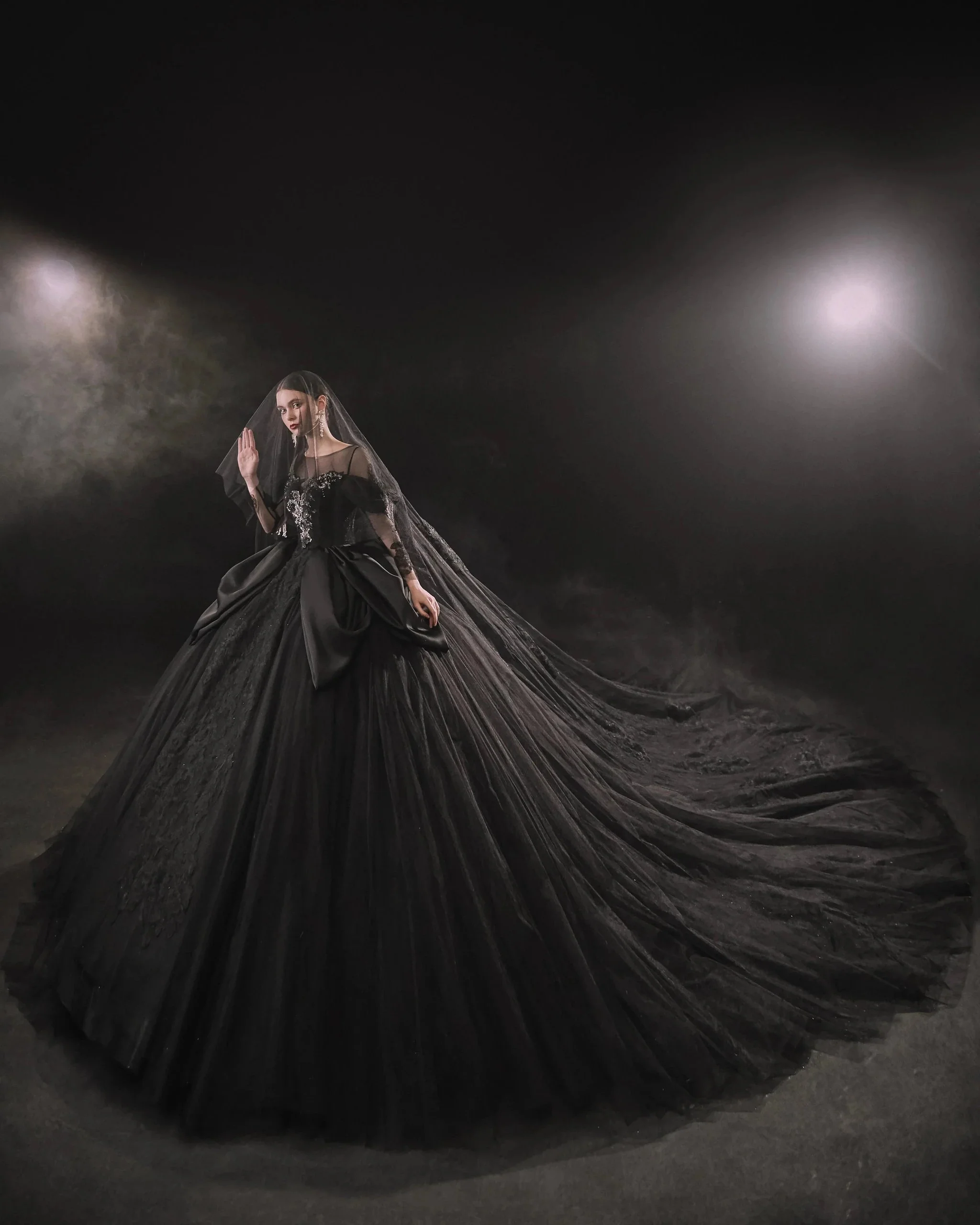 Dramatic Black Ball Gown Illusion Neckline Satin Puff Sleeve Beaded Lace Wedding Dress with Oversized Train E-305 - Image 11