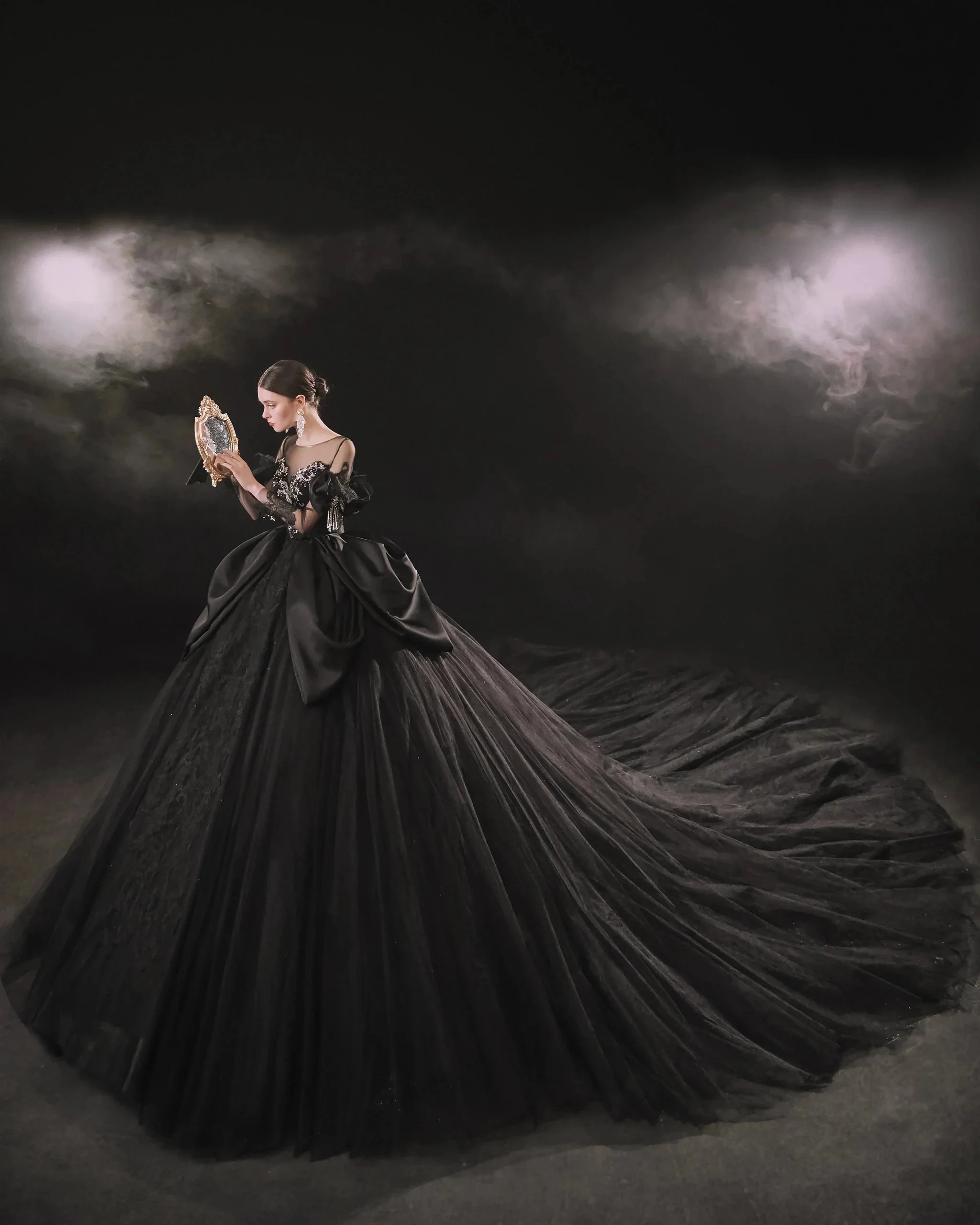 Dramatic Black Ball Gown Illusion Neckline Satin Puff Sleeve Beaded Lace Wedding Dress with Oversized Train E-305 - Image 12