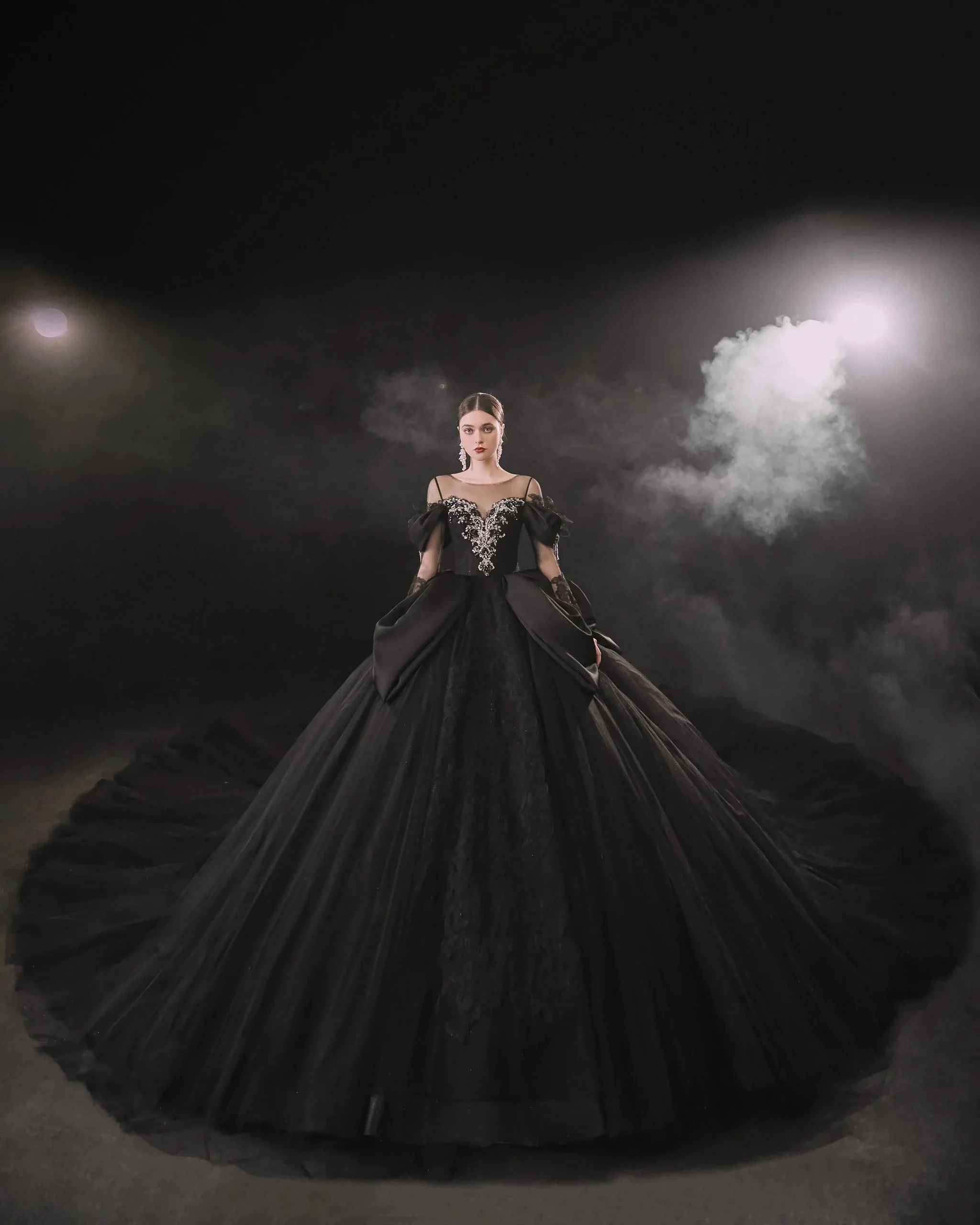 Dramatic Black Ball Gown Illusion Neckline Satin Puff Sleeve Beaded Lace Wedding Dress with Oversized Train E-305 - Image 2