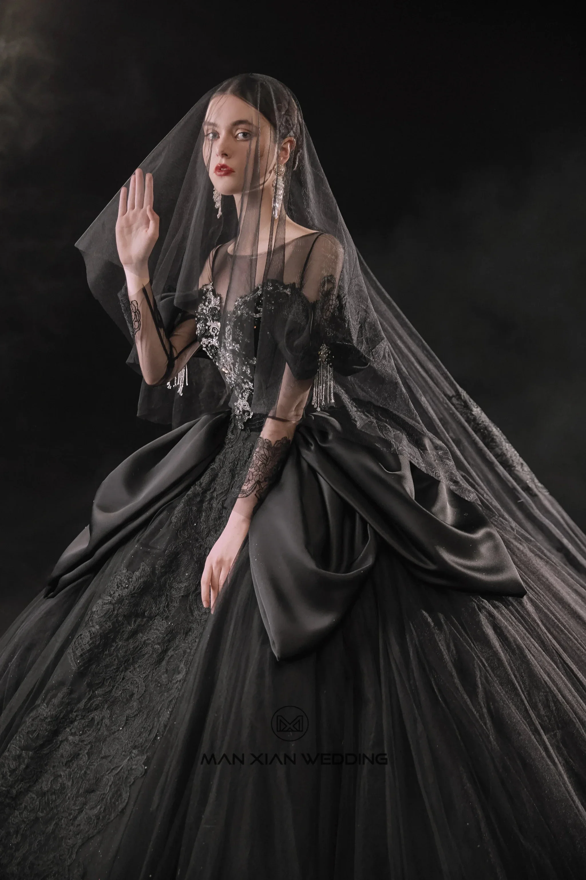 Dramatic Black Ball Gown Illusion Neckline Satin Puff Sleeve Beaded Lace Wedding Dress with Oversized Train E-305 - Image 3