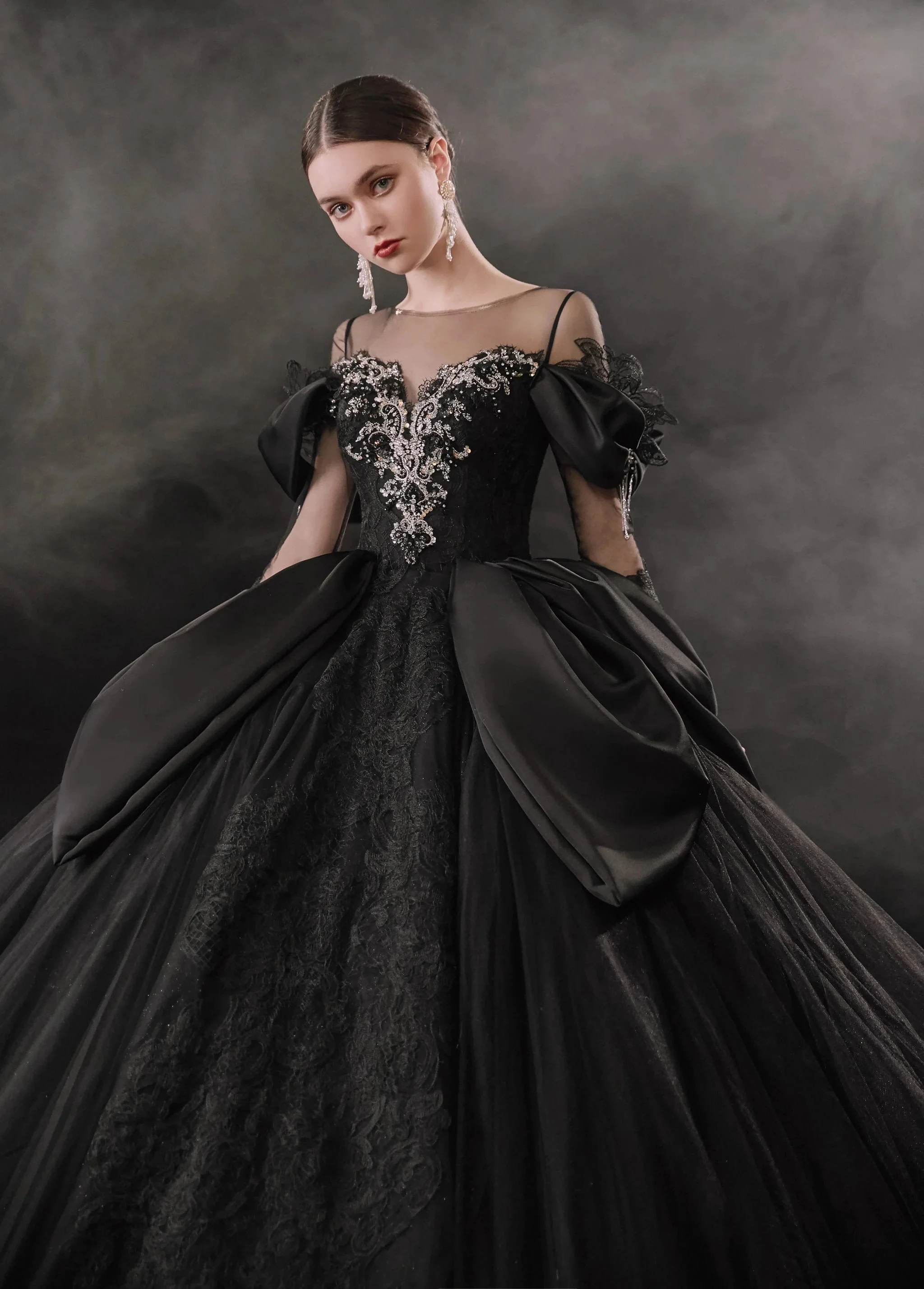 Dramatic Black Ball Gown Illusion Neckline Satin Puff Sleeve Beaded Lace Wedding Dress with Oversized Train E-305 - Image 4