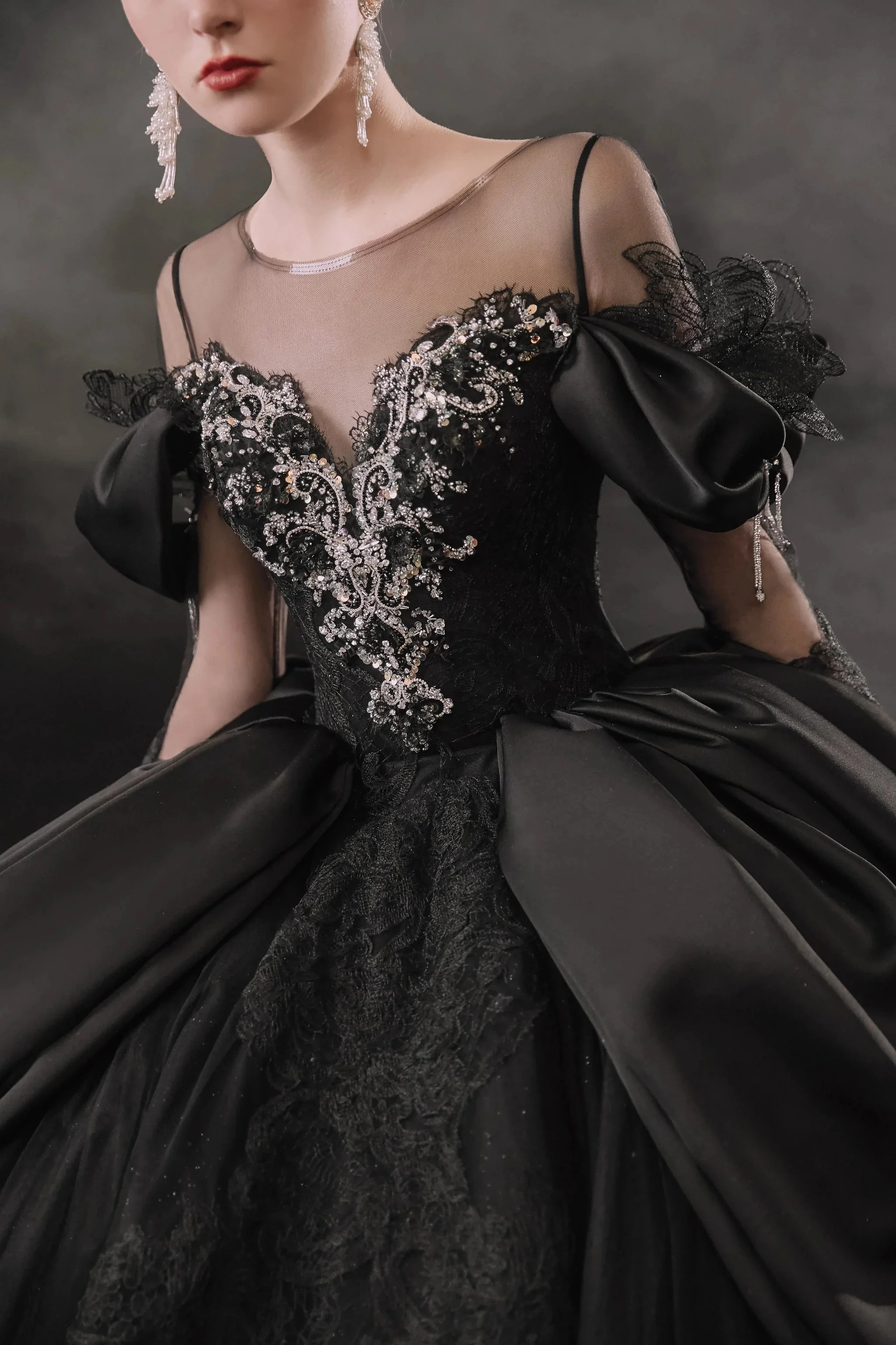 Dramatic Black Ball Gown Illusion Neckline Satin Puff Sleeve Beaded Lace Wedding Dress with Oversized Train E-305 - Image 5