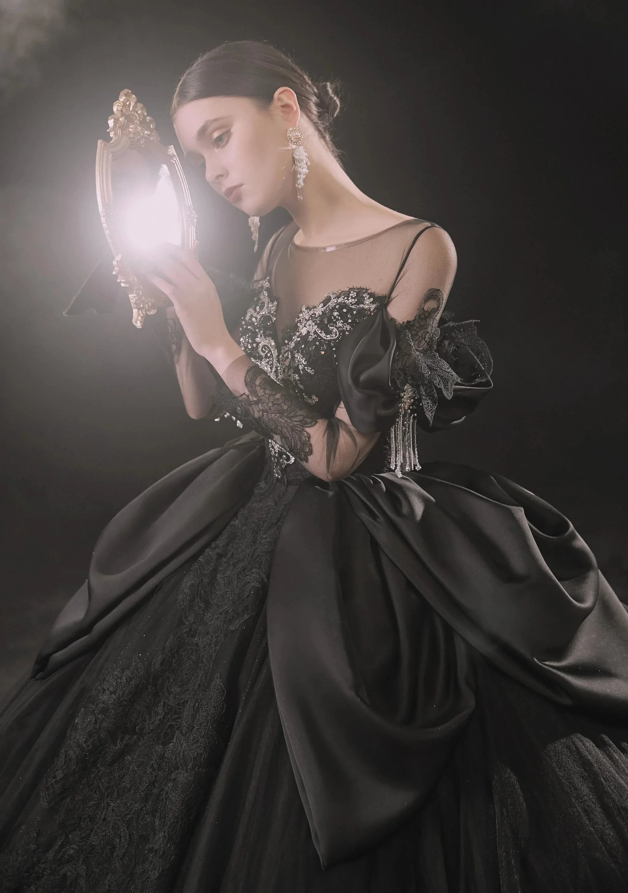 Dramatic Black Ball Gown Illusion Neckline Satin Puff Sleeve Beaded Lace Wedding Dress with Oversized Train E-305 - Image 6