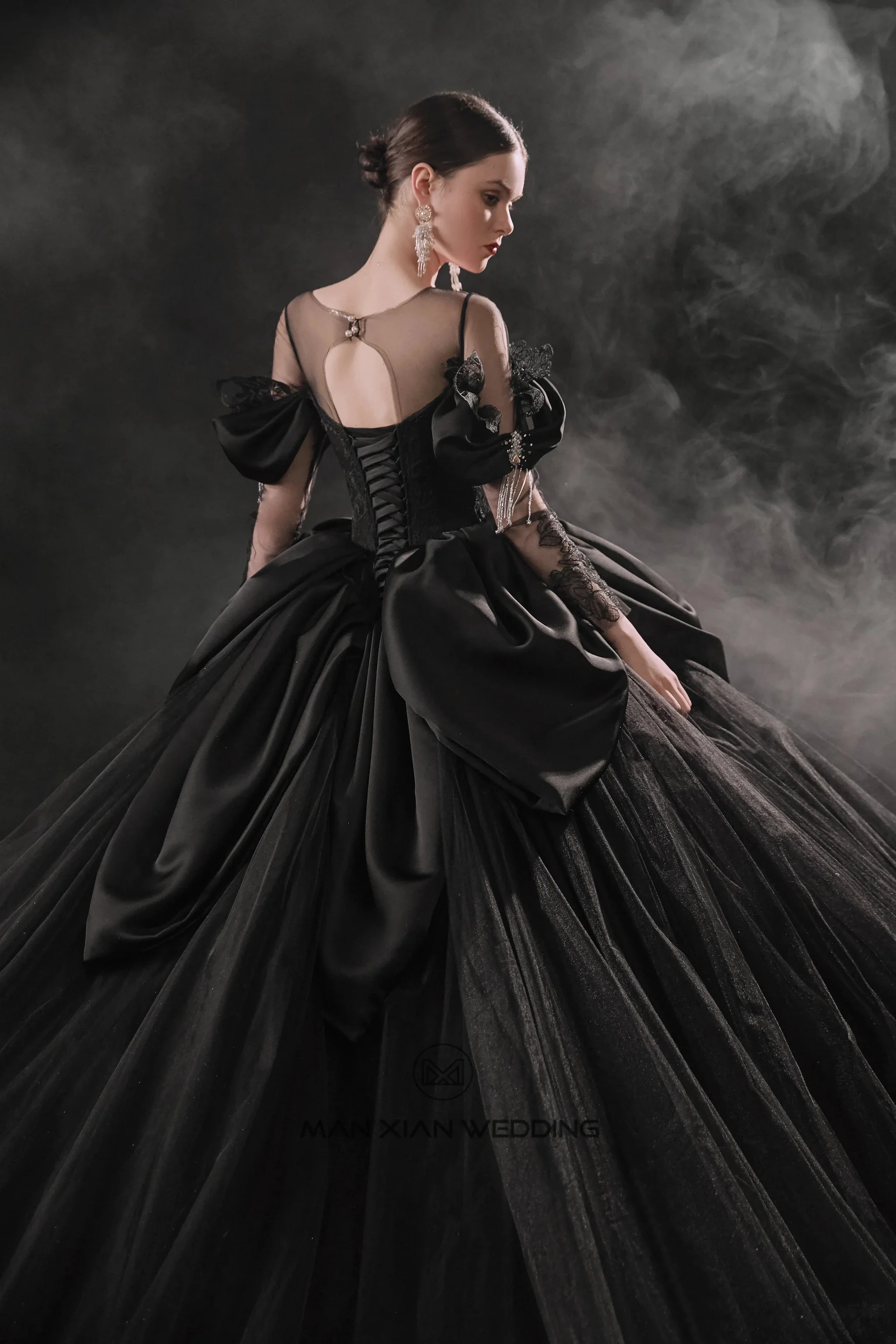 Dramatic Black Ball Gown Illusion Neckline Satin Puff Sleeve Beaded Lace Wedding Dress with Oversized Train E-305 - Image 7